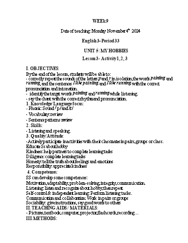 Kế hoạch bài dạy Tiếng Anh 1+2+3 - Tuần 9, NH 2024-2025 (GV: Thiều Thị Lợi)
