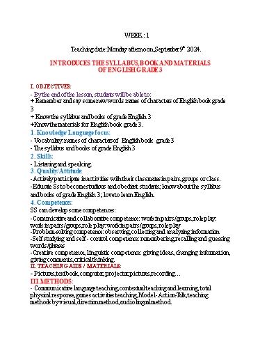 Kế hoạch bài dạy Tiếng Anh 3 - Tuần 1 (NH 2024-2025)(GV: Đào Thị Thanh Huyền)
