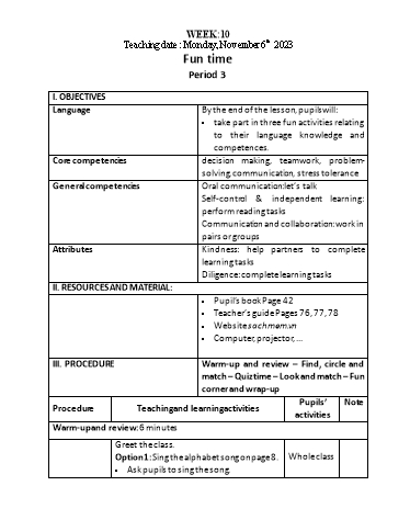 Kế hoạch bài dạy Tiếng Anh 3 - Tuần 10 (NH 2023-2024)(GV: Đào Thị Thanh Huyền)