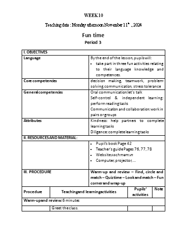 Kế hoạch bài dạy Tiếng Anh 3 - Tuần 10 (NH 2024-2025)(GV: Đào Thị Thanh Huyền)