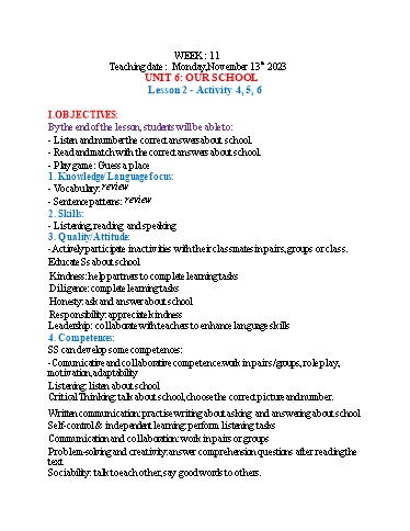 Kế hoạch bài dạy Tiếng Anh 3 - Tuần 11 (NH 2023-2024)(GV: Đào Thị Thanh Huyền)