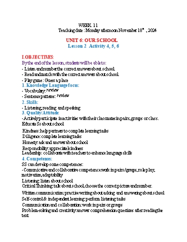 Kế hoạch bài dạy Tiếng Anh 3 - Tuần 11 (NH 2024-2025)(GV: Đào Thị Thanh Huyền)