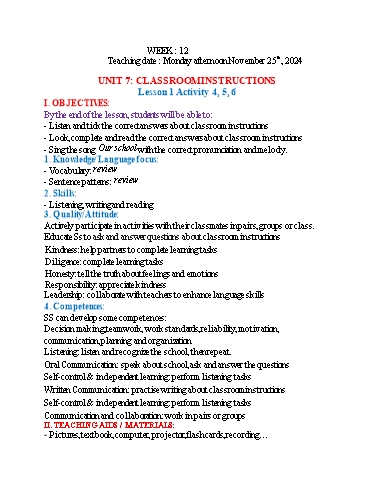 Kế hoạch bài dạy Tiếng Anh 3 - Tuần 12 (NH 2024-2025)(GV: Đào Thị Thanh Huyền)