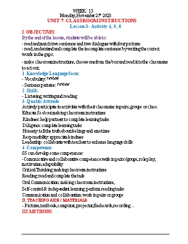 Kế hoạch bài dạy Tiếng Anh 3 - Tuần 13 (NH 2023-2024)(GV: Đào Thị Thanh Huyền)