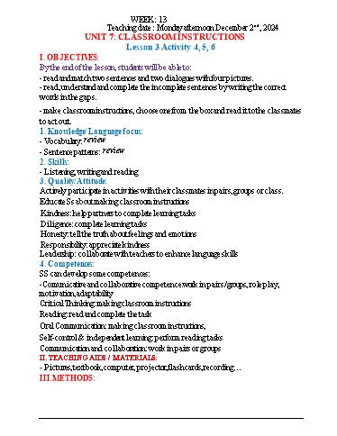 Kế hoạch bài dạy Tiếng Anh 3 - Tuần 13 (NH 2024-2025)(GV: Đào Thị Thanh Huyền)