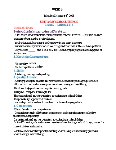 Kế hoạch bài dạy Tiếng Anh 3 - Tuần 14 (NH 2023-2024)(GV: Đào Thị Thanh Huyền)