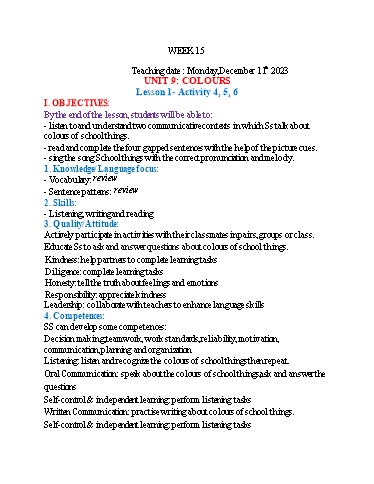 Kế hoạch bài dạy Tiếng Anh 3 - Tuần 15 (NH 2023-2024)(GV: Đào Thị Thanh Huyền)