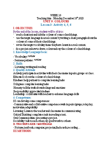 Kế hoạch bài dạy Tiếng Anh 3 - Tuần 16 (NH 2023-2024)(GV: Đào Thị Thanh Huyền)