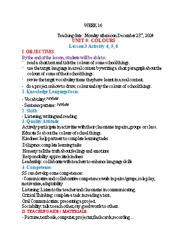 Kế hoạch bài dạy Tiếng Anh 3 - Tuần 16 (NH 2024-2025)(GV: Đào Thị Thanh Huyền)