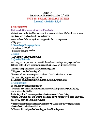 Kế hoạch bài dạy Tiếng Anh 3 - Tuần 17 (NH 2023-2024)(GV: Đào Thị Thanh Huyền)