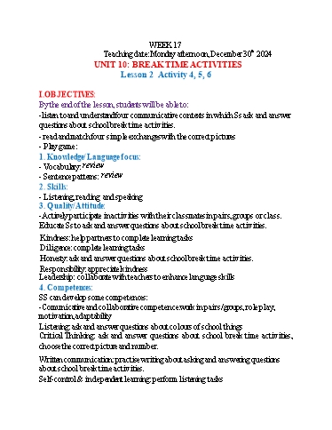 Kế hoạch bài dạy Tiếng Anh 3 - Tuần 17 (NH 2024-2025)(GV: Đào Thị Thanh Huyền)