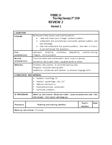 Kế hoạch bài dạy Tiếng Anh 3 - Tuần 18 (NH 2023-2024)(GV: Đào Thị Thanh Huyền)