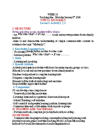 Kế hoạch bài dạy Tiếng Anh 3 - Tuần 19 (NH 2023-2024)(GV: Đào Thị Thanh Huyền)