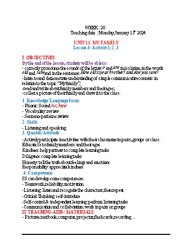 Kế hoạch bài dạy Tiếng Anh 3 - Tuần 20 (NH 2023-2024)(GV: Đào Thị Thanh Huyền)