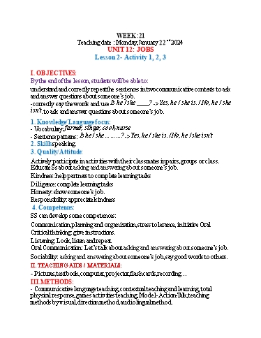 Kế hoạch bài dạy Tiếng Anh 3 - Tuần 21 (NH 2023-2024)(GV: Đào Thị Thanh Huyền)