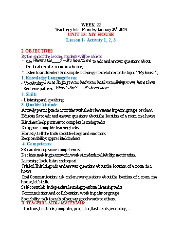 Kế hoạch bài dạy Tiếng Anh 3 - Tuần 22 (NH 2023-2024)(GV: Đào Thị Thanh Huyền)