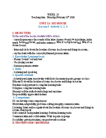 Kế hoạch bài dạy Tiếng Anh 3 - Tuần 23 (NH 2023-2024)(GV: Đào Thị Thanh Huyền)