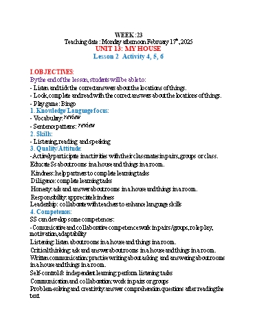 Kế hoạch bài dạy Tiếng Anh 3 - Tuần 23 (NH 2024-2025)(GV: Đào Thị Thanh Huyền)