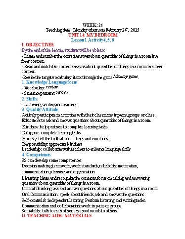 Kế hoạch bài dạy Tiếng Anh 3 - Tuần 24 (NH 2024-2025)(GV: Đào Thị Thanh Huyền)