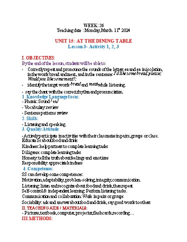 Kế hoạch bài dạy Tiếng Anh 3 - Tuần 26 (NH 2023-2024)(GV: Đào Thị Thanh Huyền)