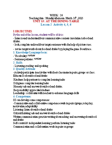 Kế hoạch bài dạy Tiếng Anh 3 - Tuần 26 (NH 2024-2025)(GV: Đào Thị Thanh Huyền)