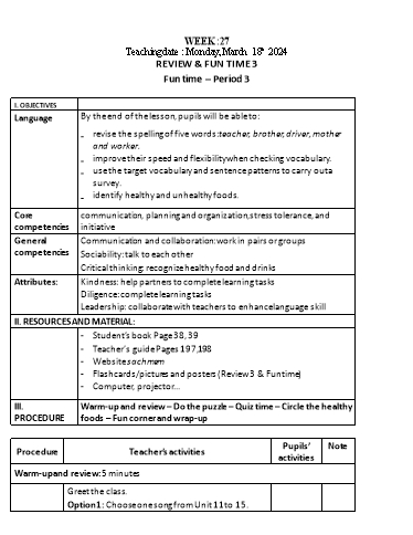 Kế hoạch bài dạy Tiếng Anh 3 - Tuần 27 (NH 2023-2024)(GV: Đào Thị Thanh Huyền)