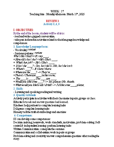 Kế hoạch bài dạy Tiếng Anh 3 - Tuần 27 (NH 2024-2025)(GV: Đào Thị Thanh Huyền)