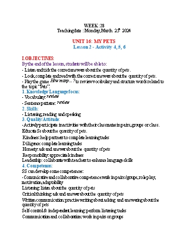 Kế hoạch bài dạy Tiếng Anh 3 - Tuần 28 (NH 2023-2024)(GV: Đào Thị Thanh Huyền)