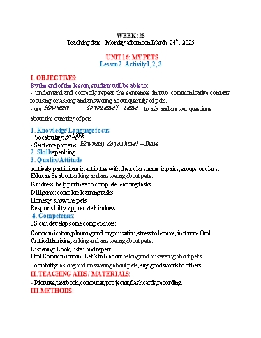 Kế hoạch bài dạy Tiếng Anh 3 - Tuần 28 (NH 2024-2025)(GV: Đào Thị Thanh Huyền)