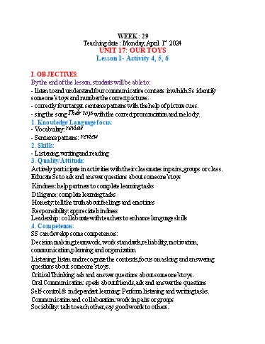 Kế hoạch bài dạy Tiếng Anh 3 - Tuần 29 (NH 2023-2024)(GV: Đào Thị Thanh Huyền)