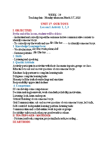 Kế hoạch bài dạy Tiếng Anh 3 - Tuần 29 (NH 2024-2025)(GV: Đào Thị Thanh Huyền)