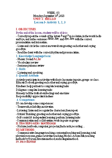 Kế hoạch bài dạy Tiếng Anh 3 - Tuần 3 (NH 2023-2024)(GV: Đào Thị Thanh Huyền)