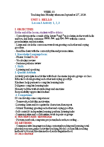 Kế hoạch bài dạy Tiếng Anh 3 - Tuần 3 (NH 2024-2025)(GV: Đào Thị Thanh Huyền)