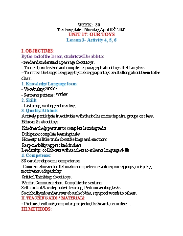 Kế hoạch bài dạy Tiếng Anh 3 - Tuần 30 (NH 2023-2024)(GV: Đào Thị Thanh Huyền)