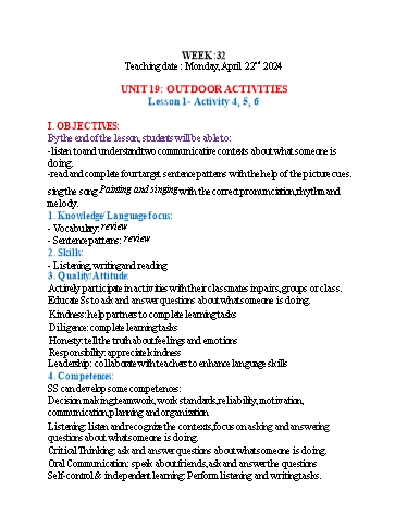 Kế hoạch bài dạy Tiếng Anh 3 - Tuần 32 (NH 2023-2024)(GV: Đào Thị Thanh Huyền)