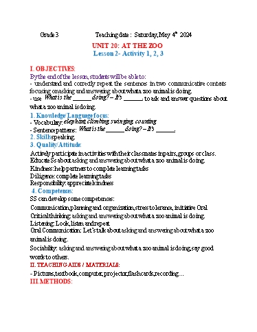 Kế hoạch bài dạy Tiếng Anh 3 - Tuần 33 (NH 2023-2024)(GV: Đào Thị Thanh Huyền)