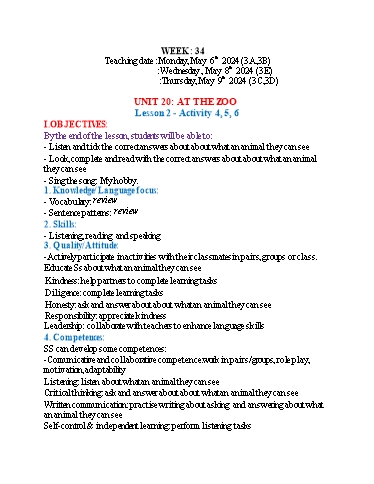 Kế hoạch bài dạy Tiếng Anh 3 - Tuần 34 (NH 2023-2024)(GV: Đào Thị Thanh Huyền)