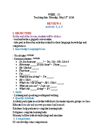 Kế hoạch bài dạy Tiếng Anh 3 - Tuần 35 (NH 2023-2024)(GV: Đào Thị Thanh Huyền)