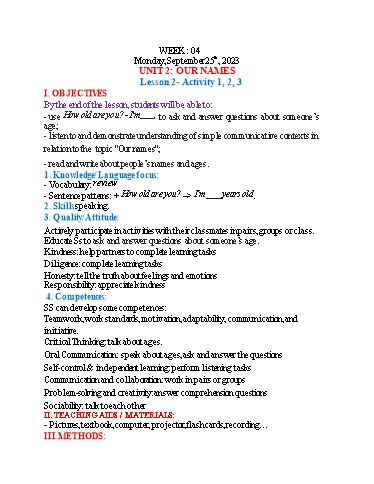 Kế hoạch bài dạy Tiếng Anh 3 - Tuần 4 (NH 2023-2024)(GV: Đào Thị Thanh Huyền)