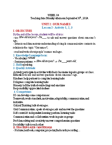 Kế hoạch bài dạy Tiếng Anh 3 - Tuần 4 (NH 2024-2025)(GV: Đào Thị Thanh Huyền)