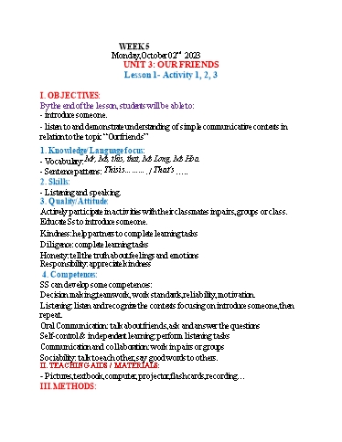 Kế hoạch bài dạy Tiếng Anh 3 - Tuần 5 (NH 2023-2024)(GV: Đào Thị Thanh Huyền)