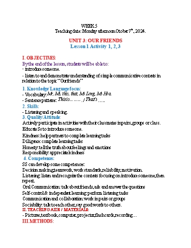 Kế hoạch bài dạy Tiếng Anh 3 - Tuần 5 (NH 2024-2025)(GV: Đào Thị Thanh Huyền)