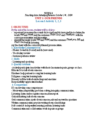 Kế hoạch bài dạy Tiếng Anh 3 - Tuần 6 (NH 2024-2025)(GV: Đào Thị Thanh Huyền)