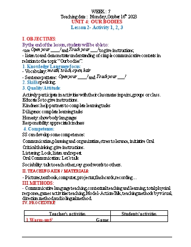 Kế hoạch bài dạy Tiếng Anh 3 - Tuần 7 (NH 2023-2024)(GV: Đào Thị Thanh Huyền)