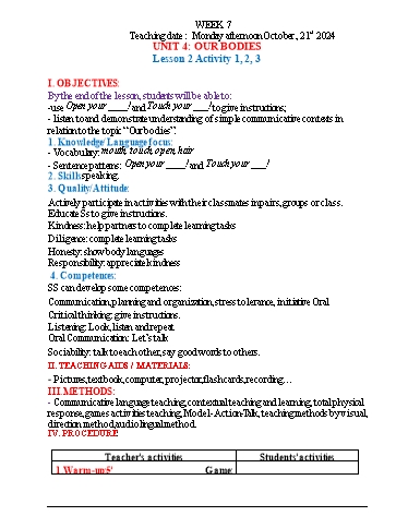 Kế hoạch bài dạy Tiếng Anh 3 - Tuần 7 (NH 2024-2025)(GV: Đào Thị Thanh Huyền)