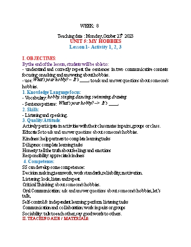 Kế hoạch bài dạy Tiếng Anh 3 - Tuần 8 (NH 2023-2024)(GV: Đào Thị Thanh Huyền)