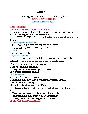 Kế hoạch bài dạy Tiếng Anh 3 - Tuần 8 (NH 2024-2025)(GV: Đào Thị Thanh Huyền)