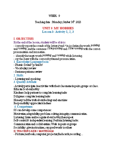 Kế hoạch bài dạy Tiếng Anh 3 - Tuần 9 (NH 2023-2024)(GV: Đào Thị Thanh Huyền)