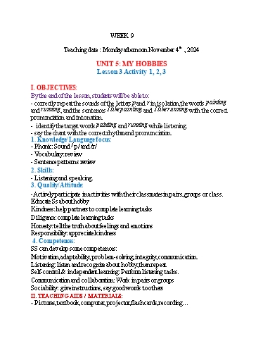 Kế hoạch bài dạy Tiếng Anh 3 - Tuần 9 (NH 2024-2025)(GV: Đào Thị Thanh Huyền)