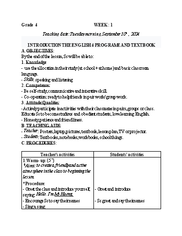 Kế hoạch bài dạy Tiếng Anh 4 - Tuần 1 (NH 2024-2025)(GV: Đào Thị Thanh Huyền)